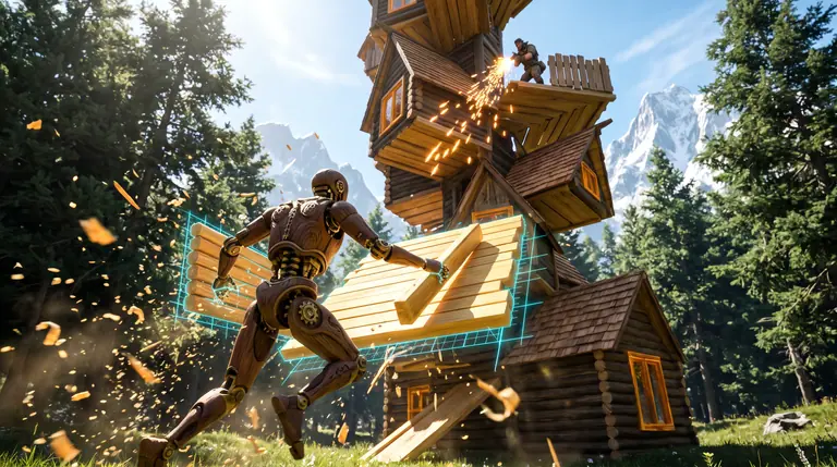 Third-person view of a combatant rapidly snapping golden spruce ramps and walls into place mid-air during a vertical build duel.