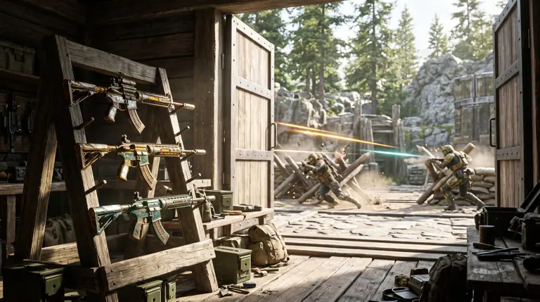 A timber armoury rack displaying custom-skinned amber and emerald carbines opening onto a sunlit courtyard firefight.