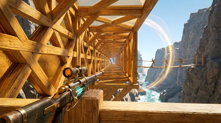 Precision brass-and-spruce rifle with a glowing amber optic aimed down a sunlit timber bridge corridor above a turquoise canyon river.