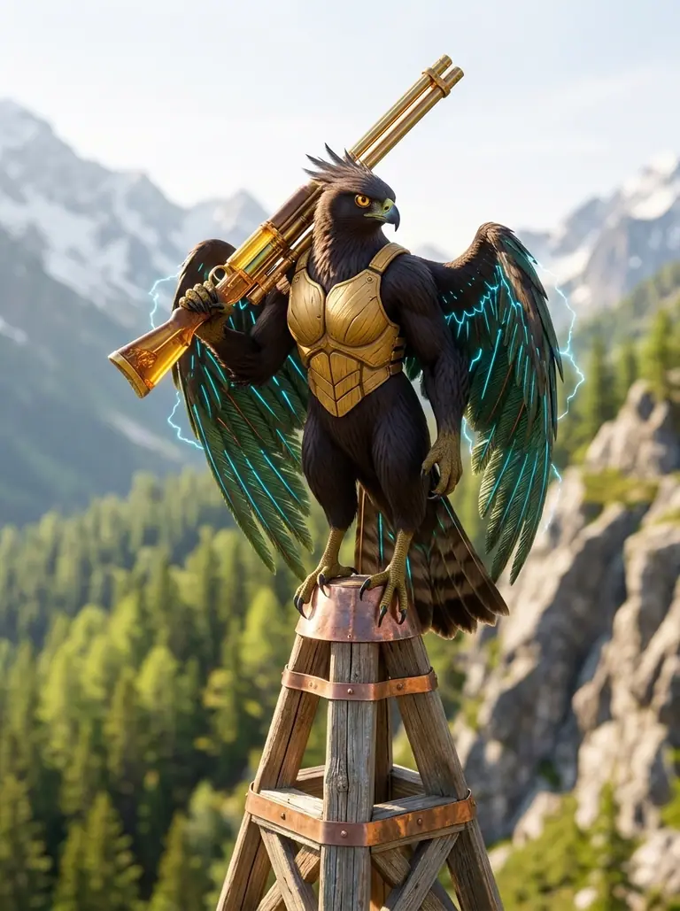 Portrait of Blitzara Kestrel, the nine-foot goshawk-and-marten sharpshooter with emerald spruce-vane wings and an amber coil-carbine.