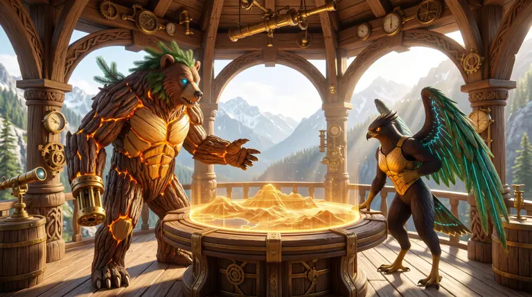 Sprukor Vael and Blitzara Kestrel studying a glowing amber range-table inside a sunlit open-air Sitka spruce pavilion.